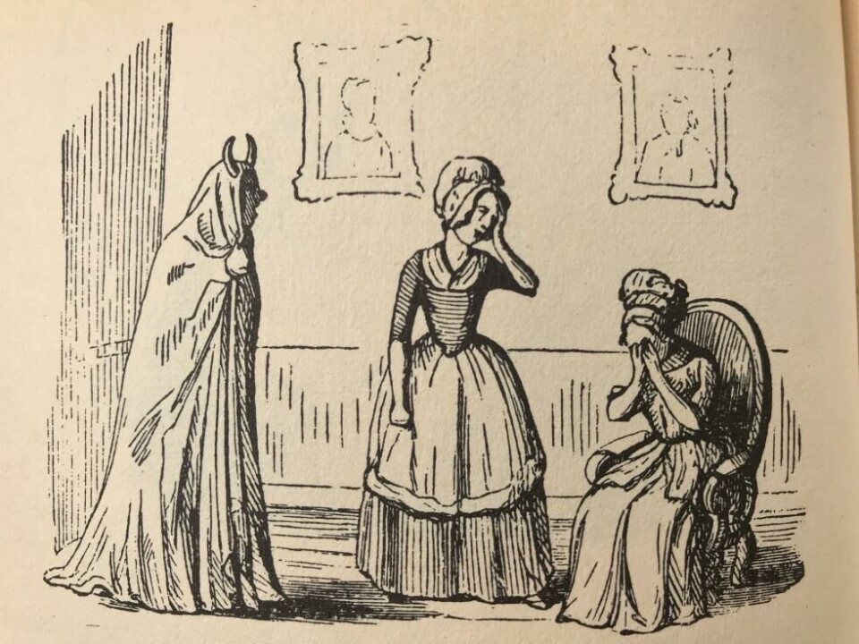 Tjeneren Arv tester ut sitt julebukkostyme, mens Pernille og Magdelone gråter i forskrekkelse. Illustrasjon: Hans Tegner, fra Bind 1 av Jubelutgave av samtlige comoedier, F.L. Liebenberg, København: 1883