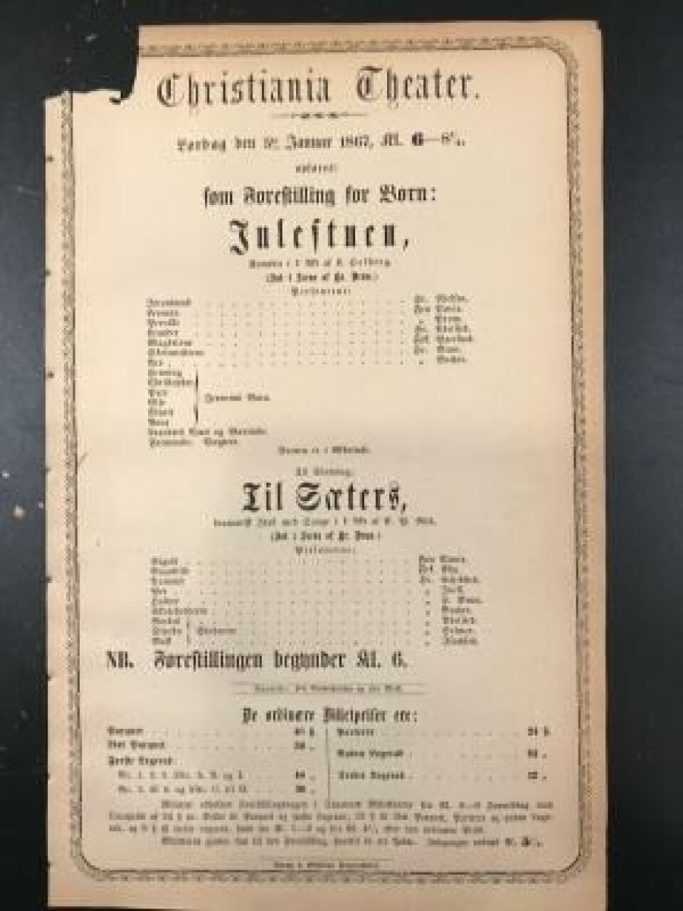 Teaterplakat fra Christiania Theater. Nasjonalbiblioteket