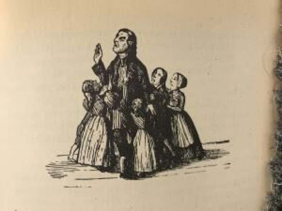 Barna i Julestuen henger seg fast i Jeronimus og maser om at det skal feires julestue-selskapet som planlagt. Illustrasjon: Hans Tegner, 1883