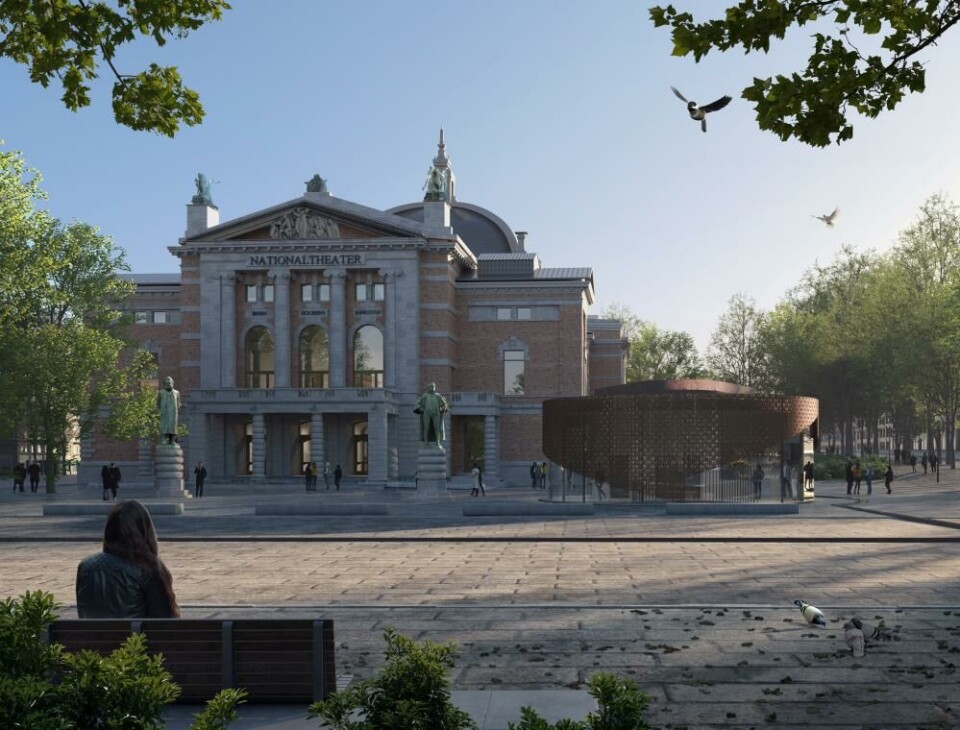 Planen om å legge Amfiscenen under bakken ble godt mottatt på teateret. Illustrasjon: Statsbygg/RATIO arkitekter, FUTHARK arkitekter, ORIGO Arkektgruppe.