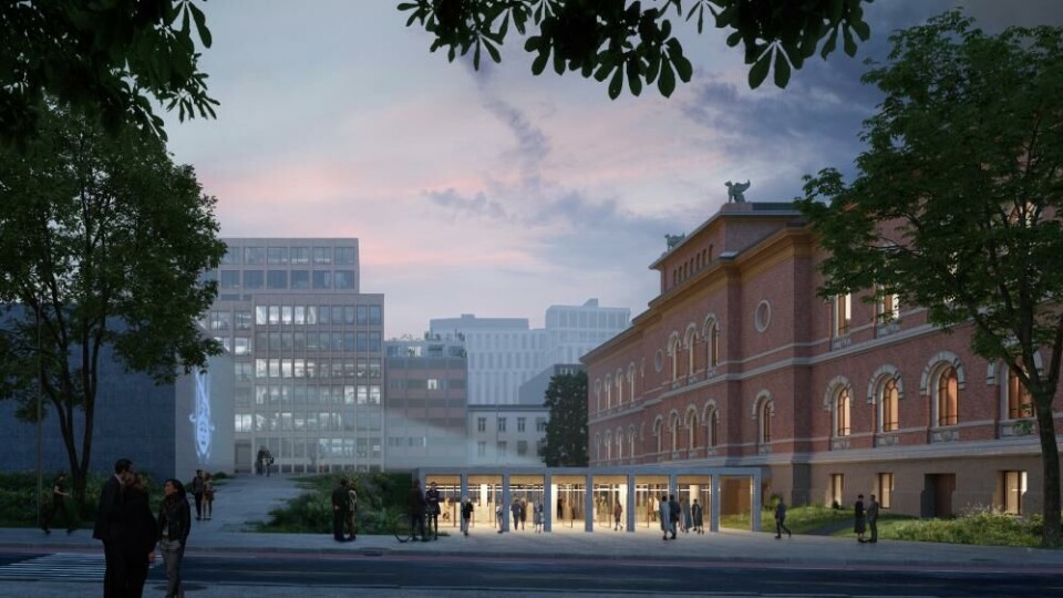 Inngangen til Nationaltheatret på Tullinløkka er planlagt som en lav paviljong. Til venstre ser du den delen av teaterbygningen som ligger over bakken. Illustrasjon: Statsbygg