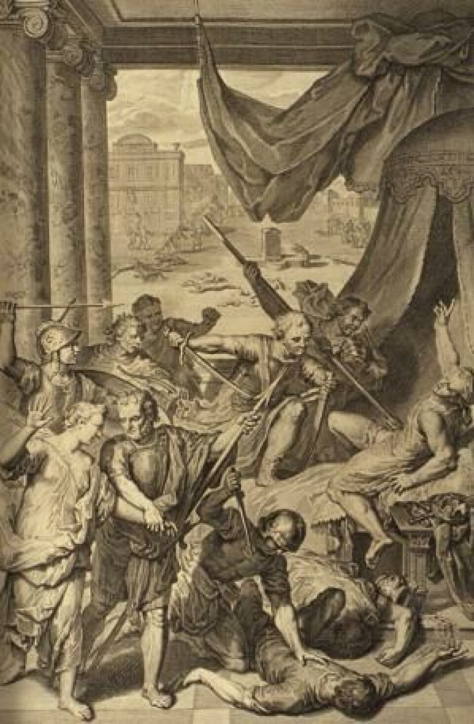 Siemon og Levi dreper amalekitene. Illustrasjon fra en billedbibel, Haag 1728