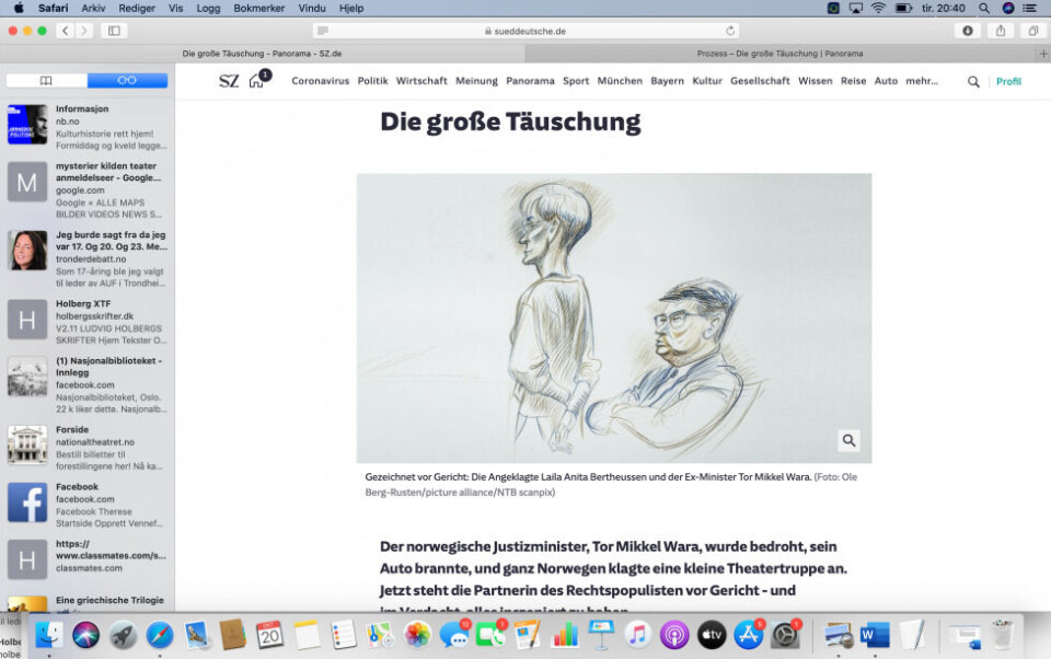 Oppslag om Bertheussen-saken i Süddeutsche Zeitung, 07.10.2020. Skjermdump