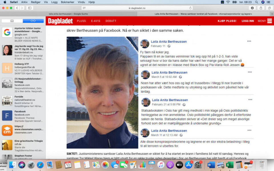 Screenshot med utdrag fra Bertheussens Facebook-postinger, Dagbladet.