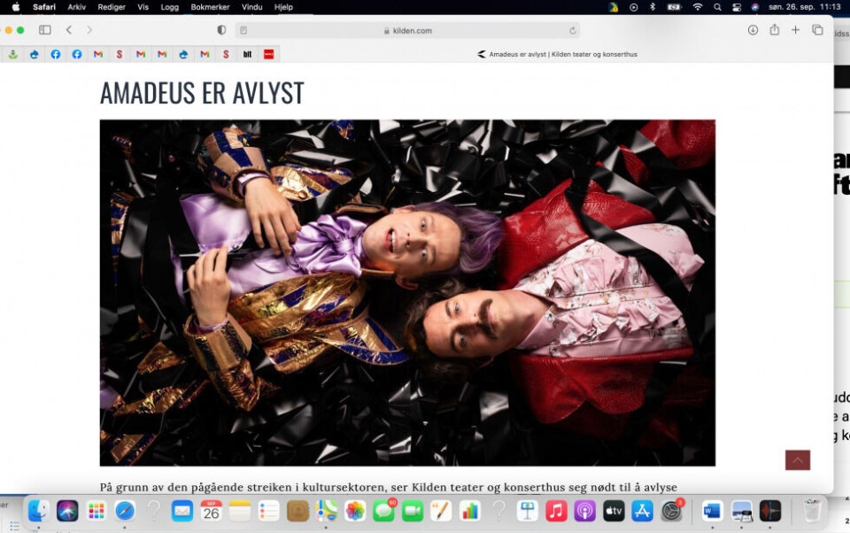 Kilden teaters nye storsatsning, Amadeus av Peter Schaffer, er avlyst på grunn av streik. Skjermdump.