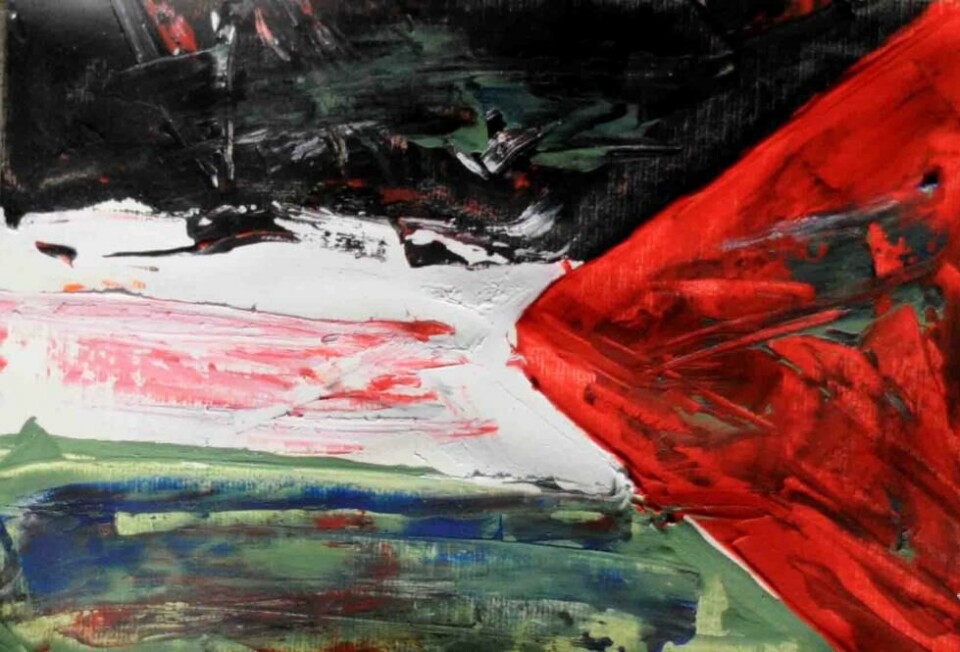 Akryl på papir, bilde av Basel El Maqosui (f.1971), billedkunstner bosatt i Gaza by.
