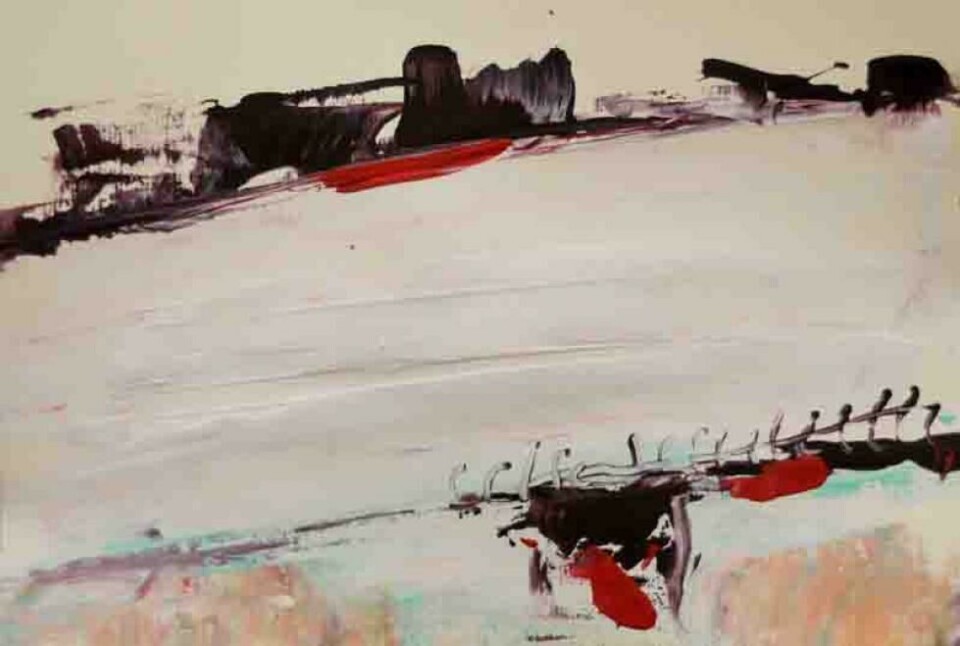 Akryl på papir, maleri av Basel El Maqosui (f. 1971), billedkunstner bosatt i Gaza by.