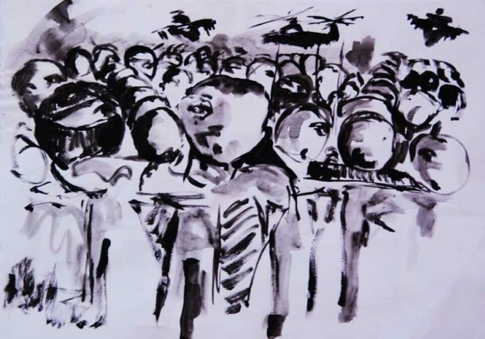 War Insane (2009) av Basel El Maqosui, kunstner bosatt i Gaza by. Akryl på papir.