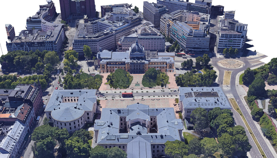 Nationaltheatret med den nye fløyen til høyre i bygget. Forslaget innebærer at trikkestoppet i Stortingsgaten må flyttes noe. Teaterplassen på siden av teatret blir større.