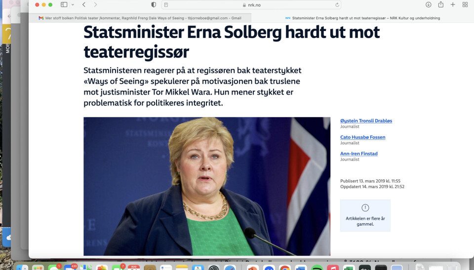 Skjermdump fra nyhetsoppslag på NRKs nettsider, 13. mars 2019.